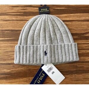 Polo Ralph Lauren‎ Signature Merino Wool Blend Cuffed Beanie Gray With Navy New